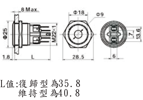 尺寸圖22Ø 金屬按鈕(復歸型/維持型)-中間亮